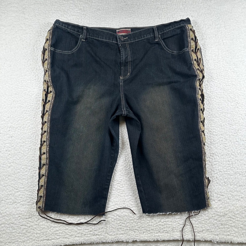 Z Cavaricci Capri Shorts Womens Lace Up Side Raw Hem Plus 24 Denim Boho Festival